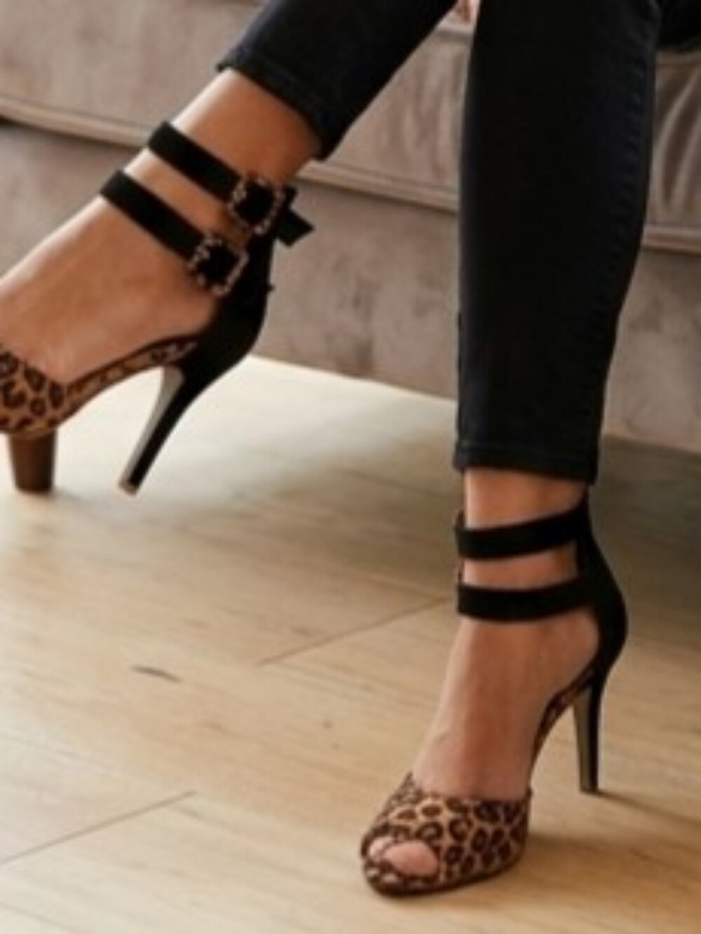 LILIANA Leopard & Black Buckle Ankle Strap Peep-Toe Stiletto Heels (Size 7.5) - Picture 3 of 15